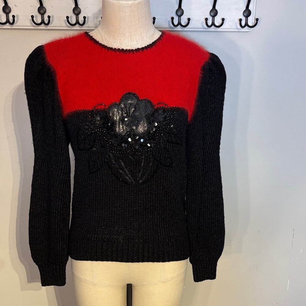 Vintage Women's Red and Black Sweater with Embroidered Floral Detail